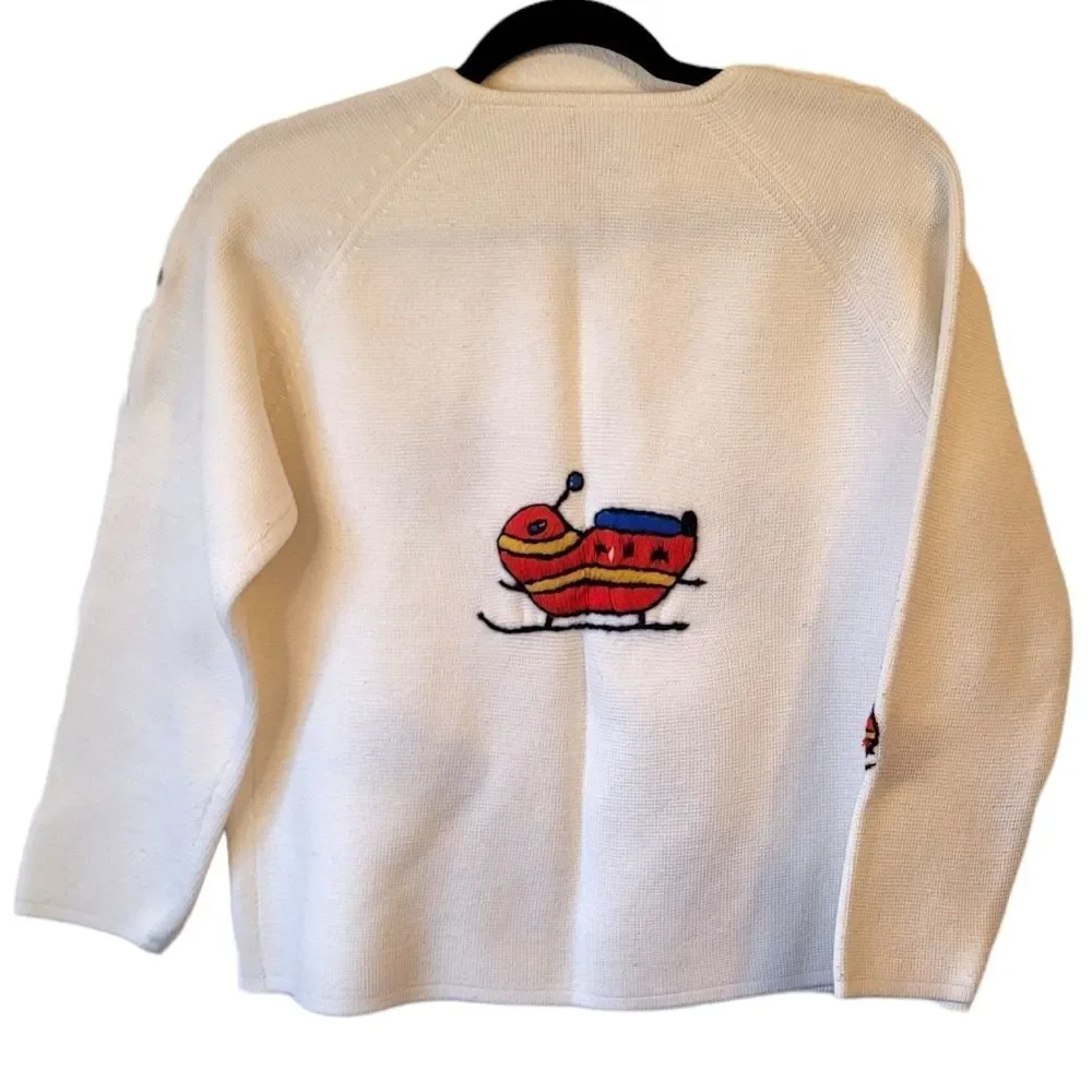 Vintage Leroy White Ski Motif Knit Cardigan Women's Size M
